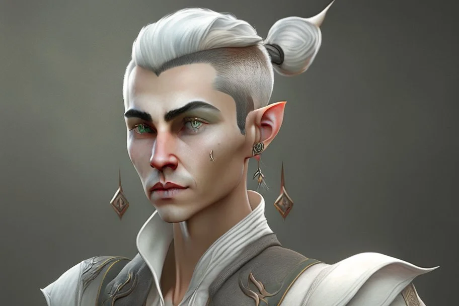 A Fantasy elf, a white masculine elf with short black hair tied up in a bun. Full body, HD