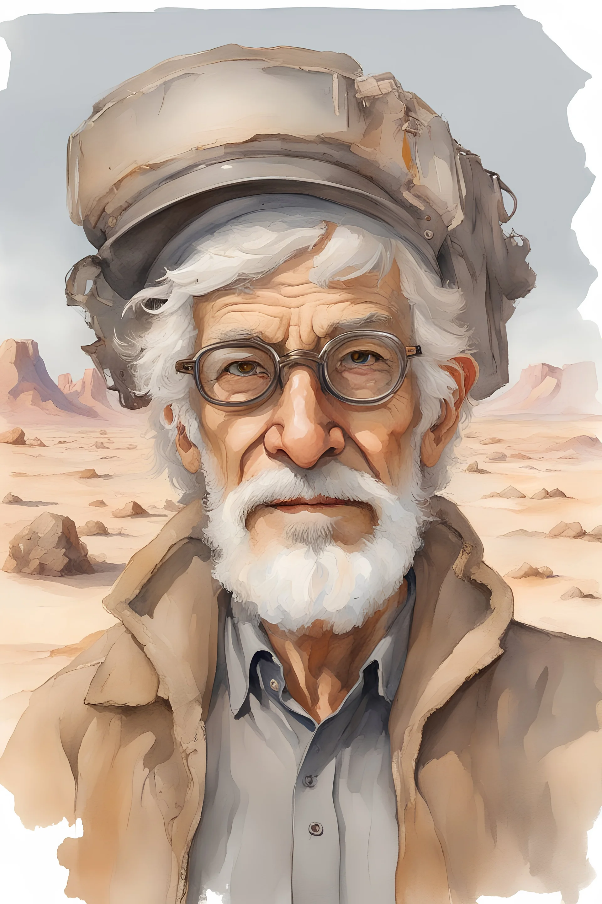 saturated Watercolor paint of strange good man, 75 year old, brown eyes, prescription glasses, gray hair, gray beard, dressed as a cyberpunk explorer of the desert in the style of Elik Bilal. Around the man there is a strange kind of objects