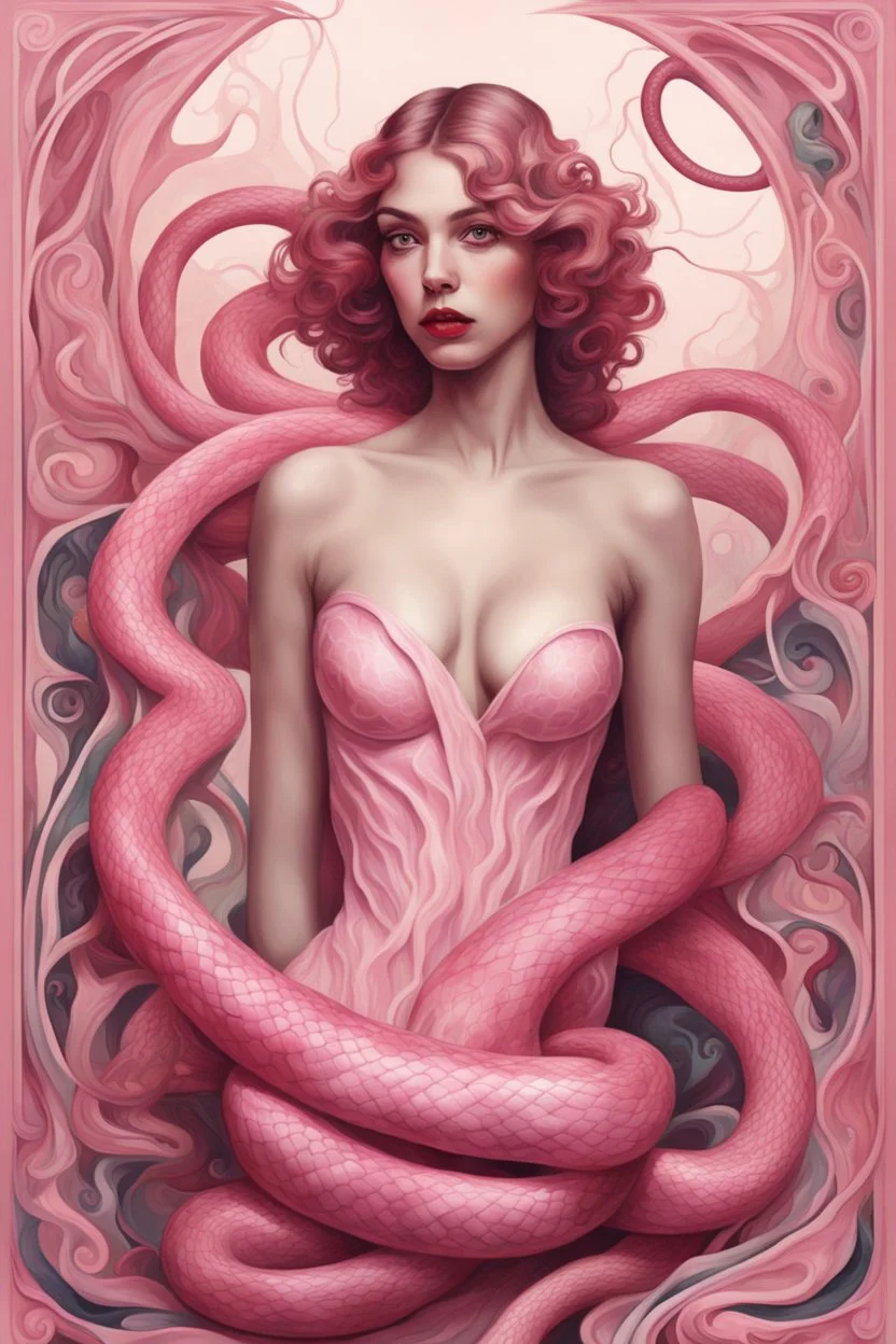 Abstrack surrealist styl a woman and and a super realistic pink snake surrounding it, art nouveau, style