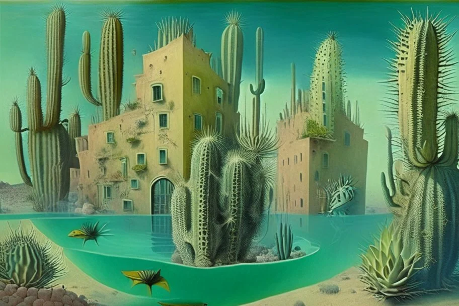 a fantastic cactus city with cactus houses underwater by artists "Leonora Carrington" and "Piranesi"