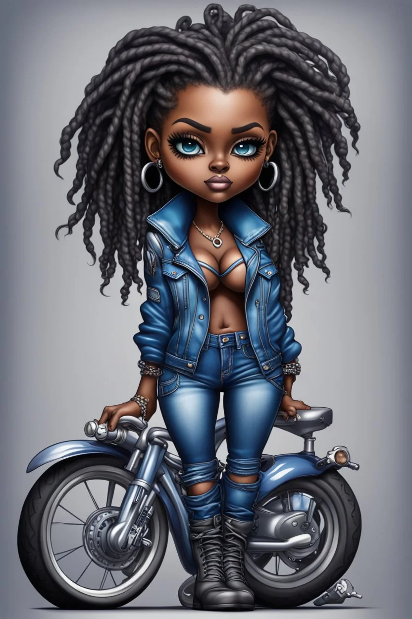 create an airbrush illustration of a chibi cartoon voluptuous black female wearing a blue jean outfit with biker boots. Prominent make up with hazel eyes. Extremely highly detail of a twisted dreadlocks. Background of a bike show.