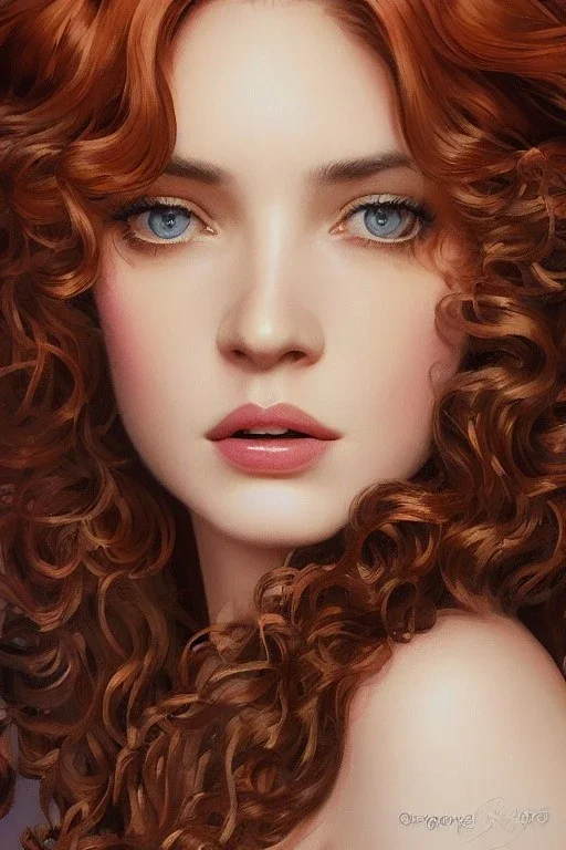 1970's porno model , cute, big droopy eyes, angelic face with minor blemishes, beautiful, long orange flowing hair, wavy hair, curly hair، black eyes, head and shoulders portrait, cinematic, misty atmosphere, 8k, resolution concept art portrait by Greg Rutkowski, Artgerm, WLOP, Alphonse Mucha dynamic lighting hyperdetailed intricately detailed, bokeh, Stunning 8k ektar film scan