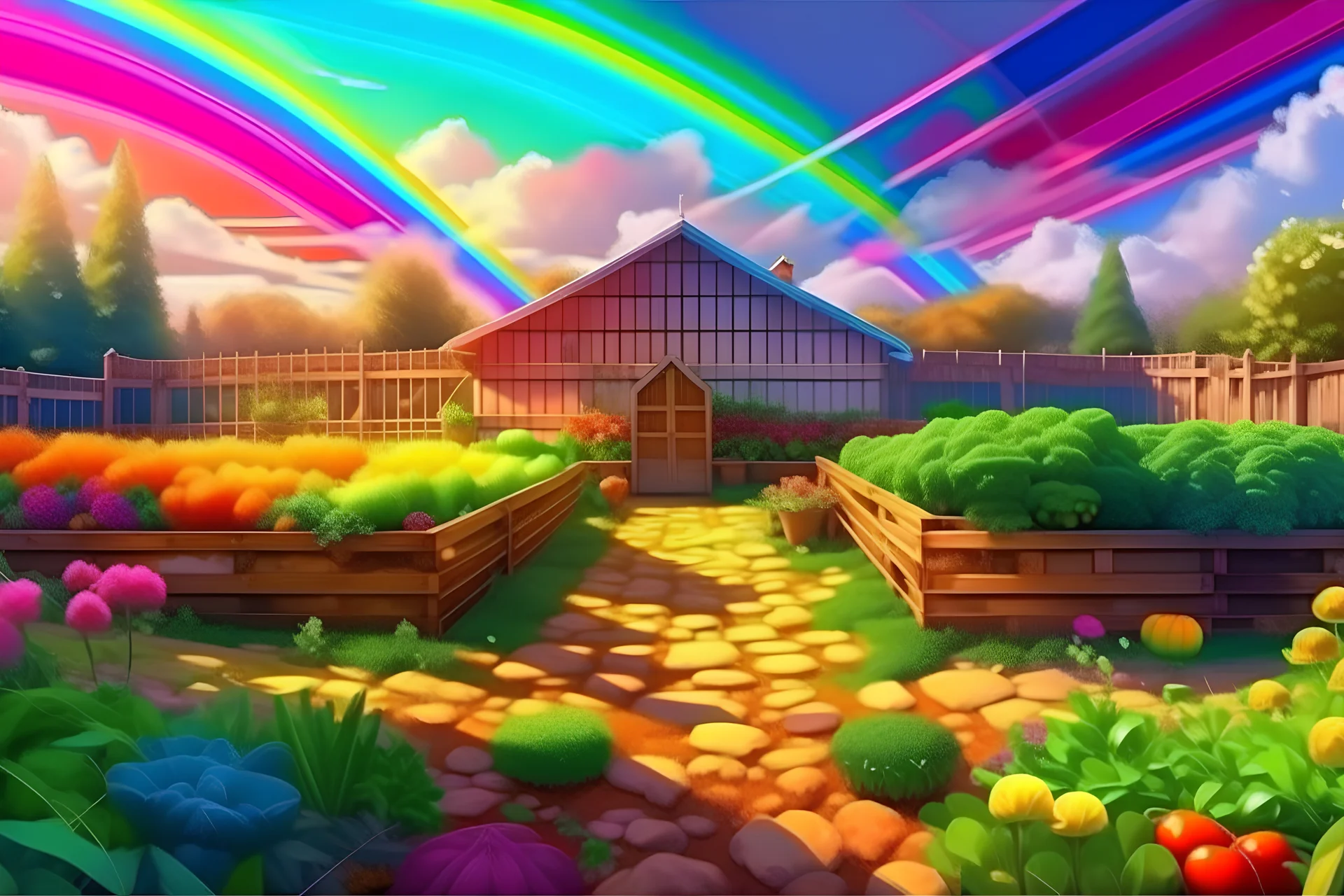 Vector. Illustration. realistic, Digital painting. small english greenhouse in vegetable garden, raised vegetable beds, typical rainbow in sky