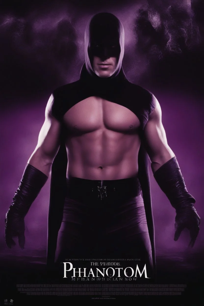 Movie Poster - ((("THE PHANTOM"))), extremely thick, muscular, 6'6'' 18-year-old Billy Zane with extremely exaggerated muscles as the Phantom, long-sleeved, textured, padded purple cotton bodysuit with skintight, formfitting textured purple cotton cowl with ((black eye mask)) and widow peak, black gloves and wrist gauntlets, black boots, double holstered utility belt, skull-shaped belt buckle, glowing, white eyes, standing next to his white horses, captured in a breath-taking explosion of color,
