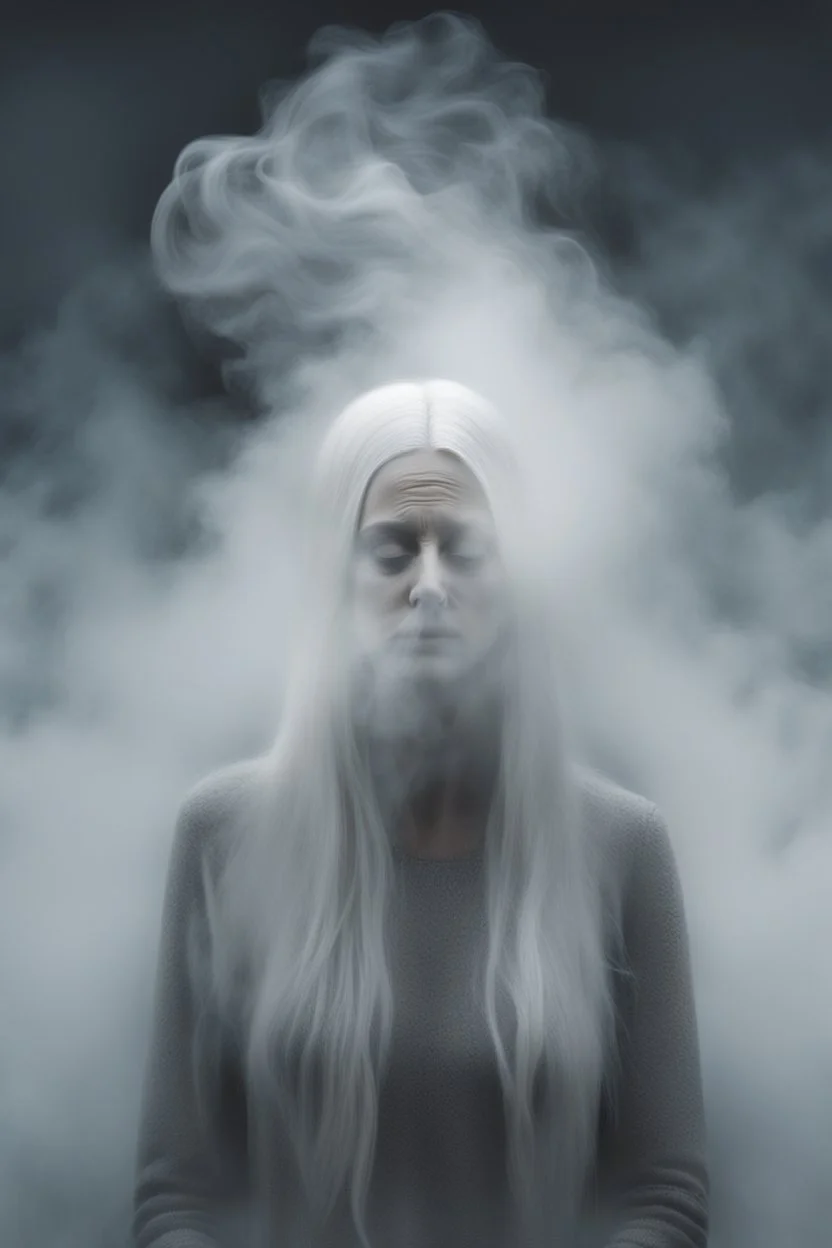 a woman's face from very thick white smoke and fog in the shape of barely visible, ghost-like face lot of white hair, many fog in background, surreal style