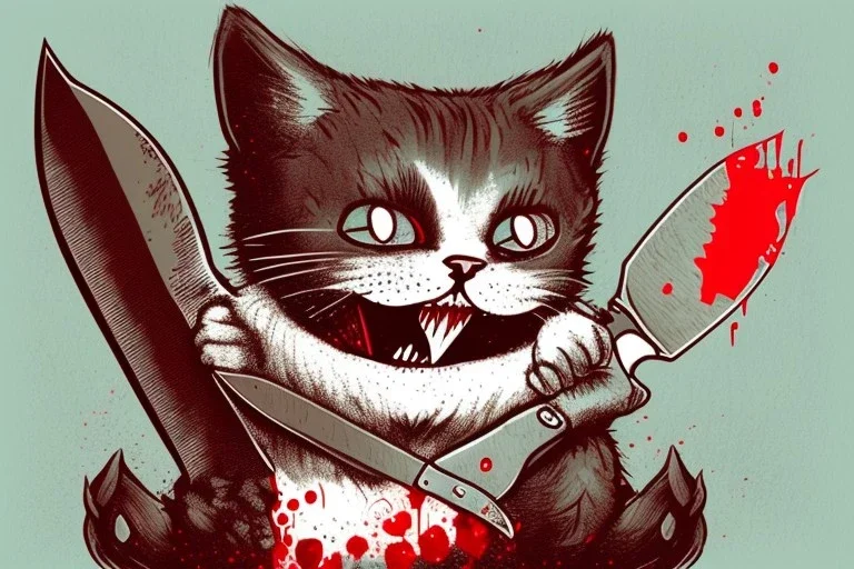 Cat diabolical smiling with a bloody knife with blood. Illustration.