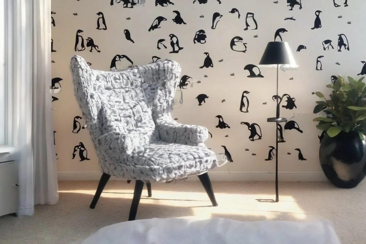 penguin shaped and penguin coloured (black and white) armchair in a modern room, with human feet decorated wallpaper in the background in sunshine