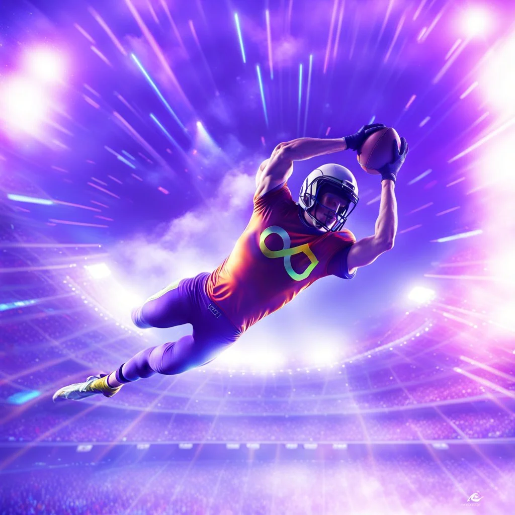 colourful rounded infinity symbol ∞ on shirt, American football player diving with an American football in both hands to score a touch down, striking, vibrant, chiaroscuro, dramatic, captivating, powerful, beautiful, octane render, 16k post-production, artstation: award-winning: atmospheric: commanding: fantastical: clarity: ultra quality: striking: brilliance: stunning colors: amazing depth; lens: f/11, 35mm