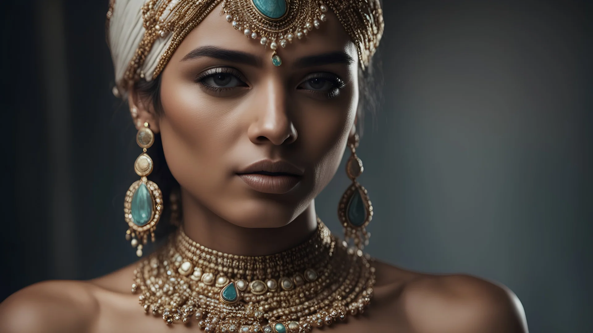 An incredibly detailed female model standing, wearing minimalistic Indian Jewelry, Cinematic studio lighting. Shot on a Hasselblad high format camera with a 100mm lens, Unmistakable to a photograph. 4k, 8k, 16k, full ultra hd, high resolution and cinematic photography --ar 3:2 --v 5 --up-beta --Screen Space Reflections --s 200 --Diffraction Grading --Chromatic Aberration --GB Displacement --Scan Lines --Ambient Occlusion 32k uhd --Anti-Aliasing FKAA --TXAA --RTX --SSAO --OpenGL-Shader’s
