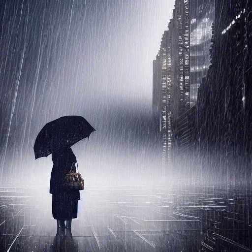 A princess standing in wait. Heavy cold rain. Thunderstorm. An engineer looking up. Futuristic scenary. Gray mist.