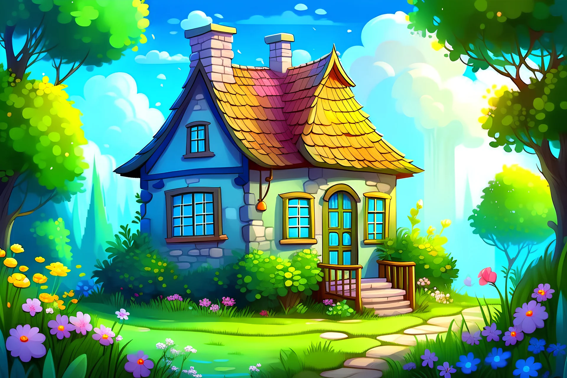 Generate an illustration depicting a quaint cottage nestled amidst lush greenery, with a smoke gently rising from the chimney. The cottage should exude a cozy and inviting atmosphere, with colorful flowers adorning the windowsills and a path leading up to the front door.