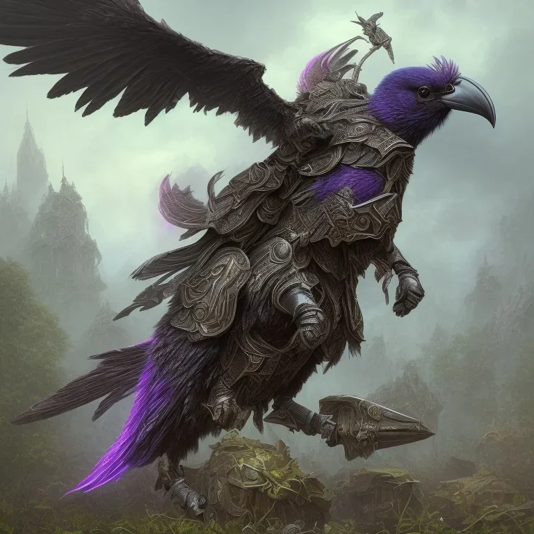 angry Raven warrior in black and purple battle armor, a highly detailed illustration, background of Inka jungle, realistic render, 8 k, micro detail, intricate, elegant, centered, digital painting, Artstation, smooth, sharp focus, illustration, artgerm, tomasz alen kopera, peter mohrbacher, donato giancola, joseph christian leyendecker, wlop, boris vallejo