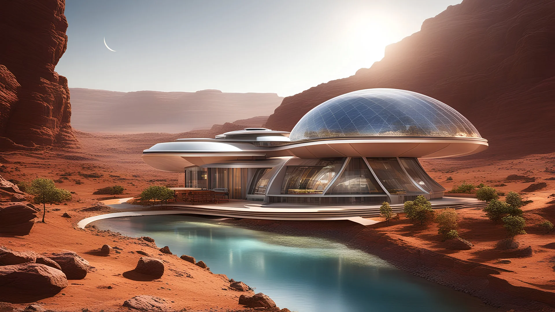 6003. Innovative environmentally-friendly home on Mars, solar panels, water wheel in river, alternative energy, scientific experiment, home of the future, fantasy, robotic, automated, spectacular, futuristic, beautiful lighting, attractive composition, photorealistic, extremely detailed, chiaroscuro