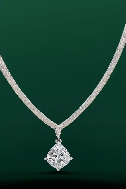 nice diamond and white gold necklace on manquin stand in luxury environment