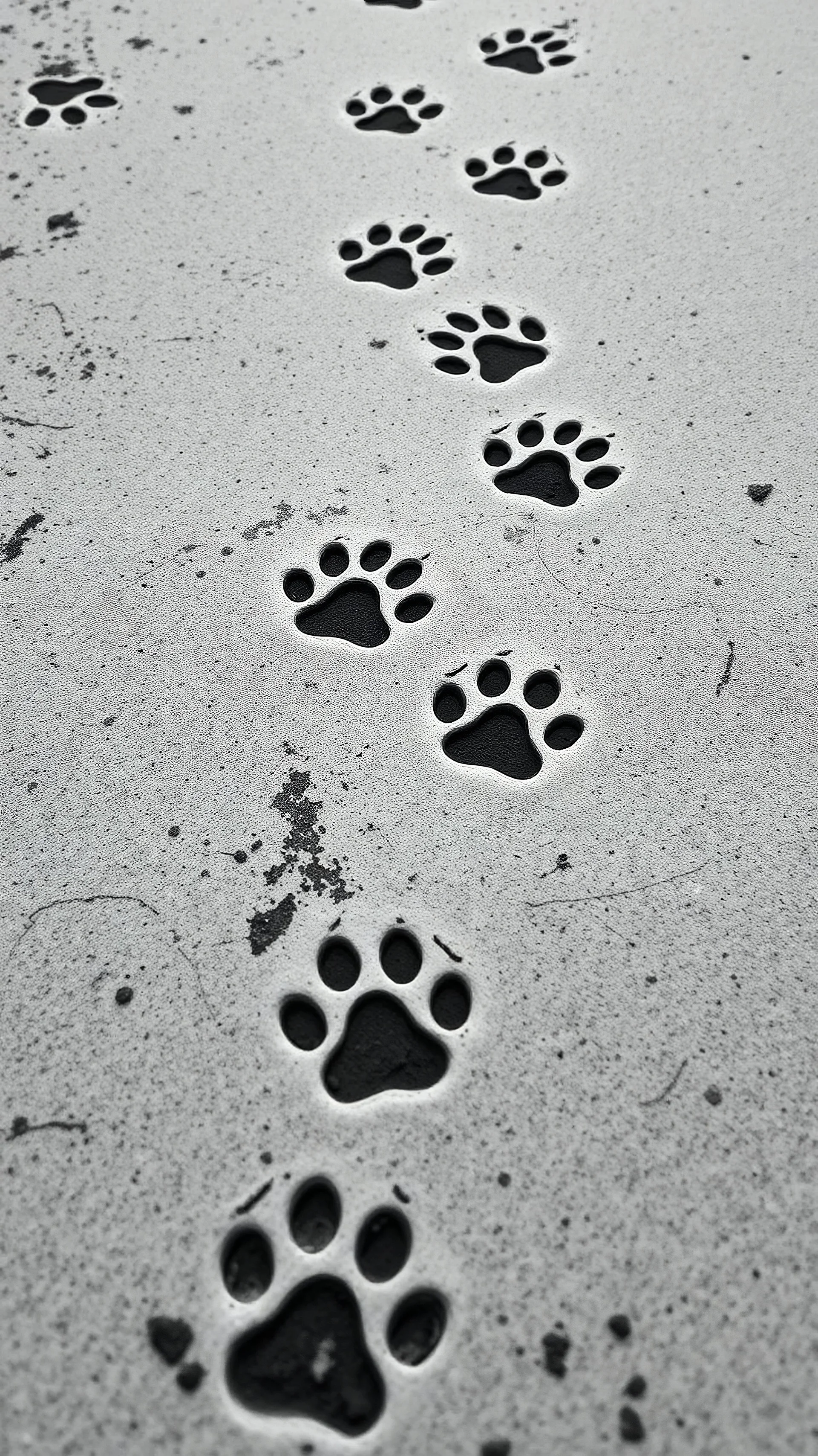 a path of dirty dog prints, black on white