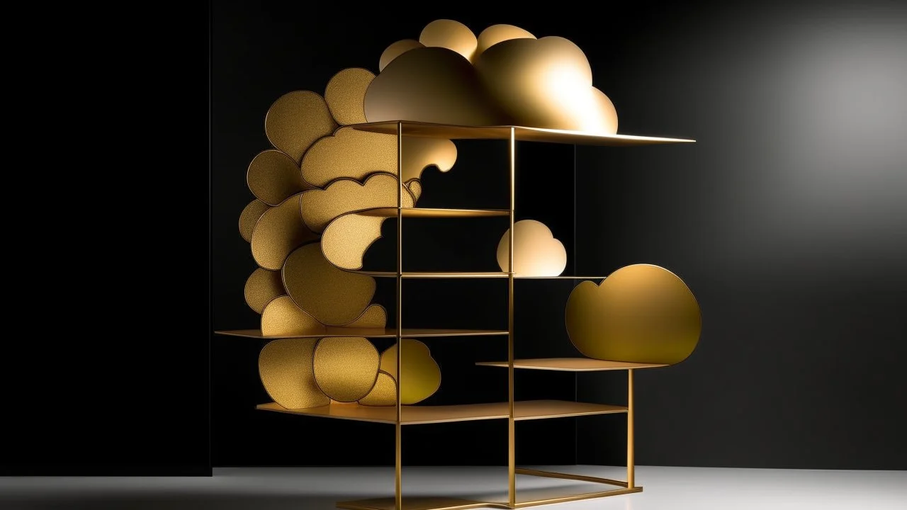 A bookshelf designed to evoke the feeling of floating through clouds, made of hollow gold with gradient-shifting accents that blooms like a flower in morning light.
