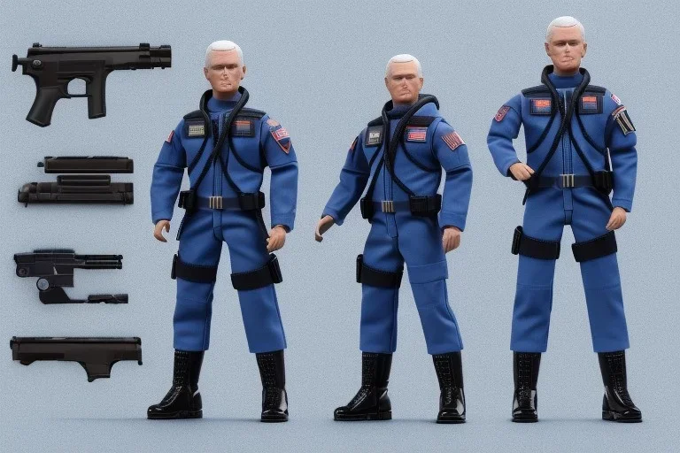 Mike Pence as G.I. Joe Toy Doll With a pistol space force Commander Blue fabric uniform, black Moonboot in a clear packaging