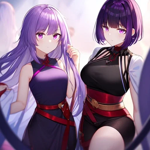 Clear Focus, High resolution, Raiden Ei,glowing purple eyes, purple hair cut with a slit in the hair to split the end up, one long square bang, light purple fluffy shirt thats sliding down but under is a black sleeveless crop top, dark red obi belt, wearing a light purple big short split skirt, short black shorts, one sleeve is long and puffy, other is short, short sleeves has black under it, long black stockings