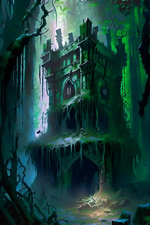 Abandoned scary fortress in the woods fantasy art painterly rpg