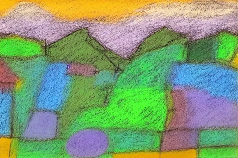 Pastel sketch of English countryside in the style of Paul klee