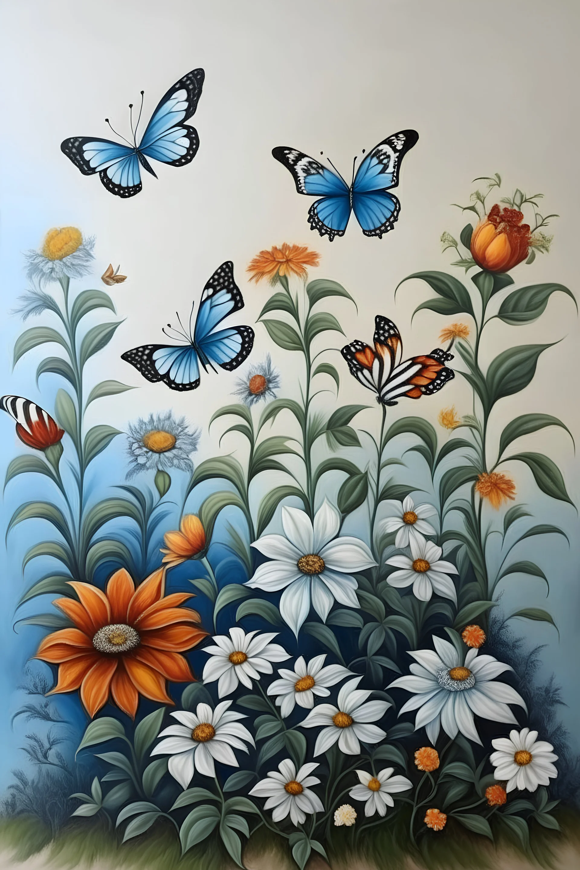 painting of 1 flower plant going up with butterflies around it in the very center back ground white