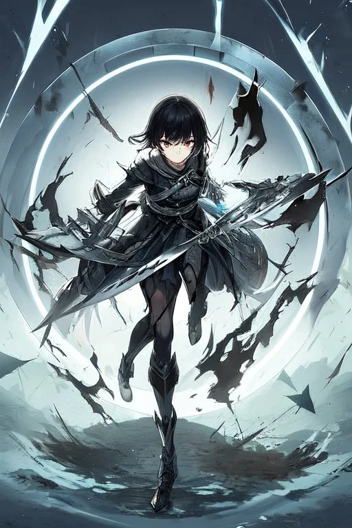 Anime girl with short black hair and sharp green eyes holding a sinister spear, full body black and white metal plate armour, full body shot, Dramatic lighting,1woman, soaked in blood,Warrior