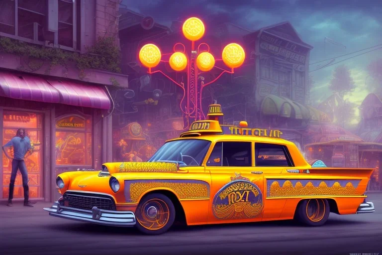 study of cell shaded cartoon of a hotrod taxi cab with blower on bonnet, infront of a store front, custom, road, illustration, vivid colors, post grunge, highly detailed, sharp focus, alien, centered perspective view, concept art by sam curry