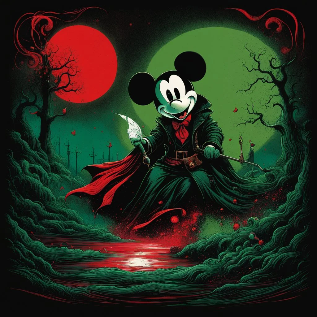 color Ink illustration by Phillipe Druilett, heavily inspired by the unsettling symbolism of Virgil Finday and Alexander Jansson, mickey mouse, red and dark_green and black color scheme dominating the artwork, grim narrative, smooth illustration, chilling Eldritch motifs, UV reactive color slashes, textured surface, ominous representation, unsettling.