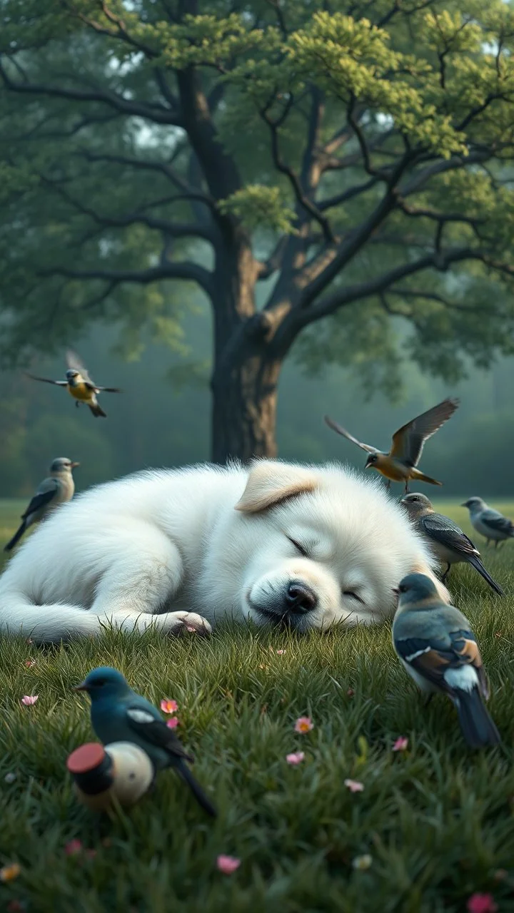 Bosch painting style nightmare , 3D , a white fluffy puppy sleeping on a comfortable green grass with birds around him , a nice tree in the background, high Quality picture , 8k