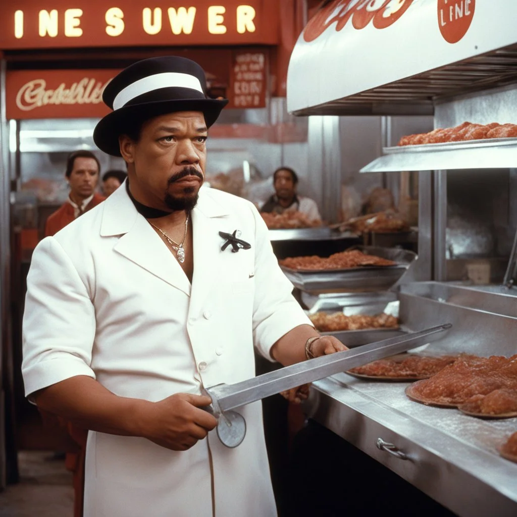 [psychedelic movie by Wes Anderson] Ice-T Fin Tutuola as a butcher, vintage 1970's photo