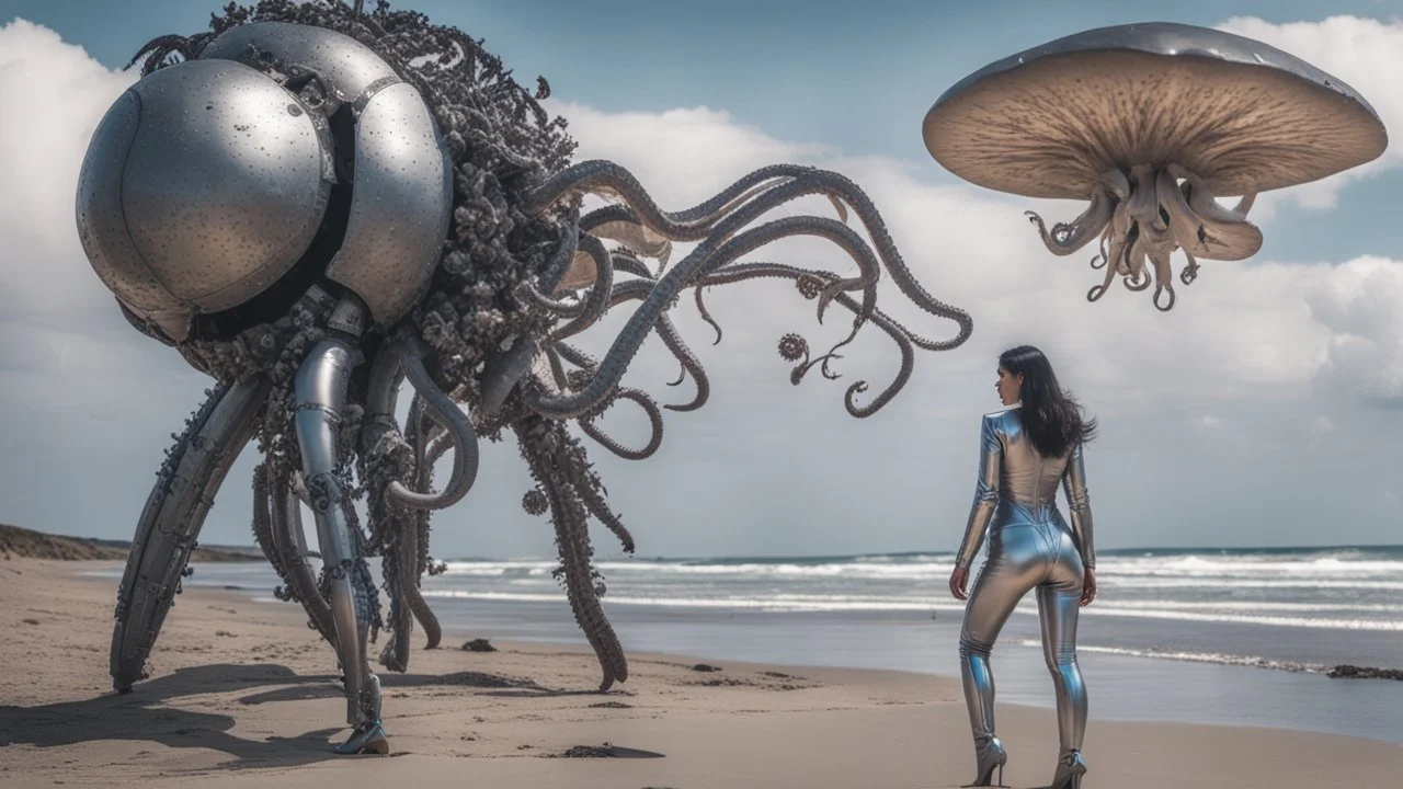 Wide-angle shot of a woman, standing to one side, with dark hair in a silver robotic catsuit, standing on a beach, flying mushrooms with octopus tentacles floating above her