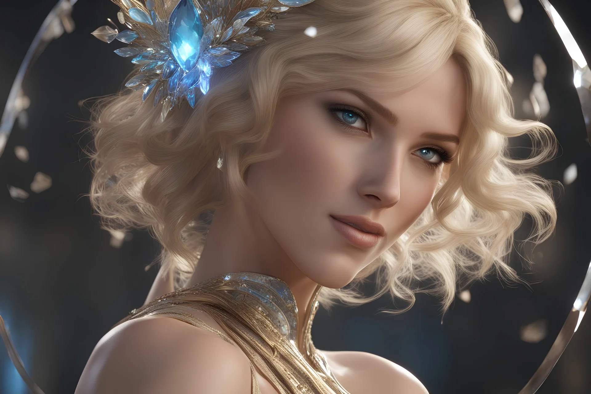 "fantasy goddess of mirrors smile", reflective, shatter, crash, broken glass, head and shoulders portrait, finely blue eyes, blond hair,8k resolution concept art portrait dynamic lighting hyperdetailed intricately detailed splash art trending on artstation unreal engine 5 volumetric lighting