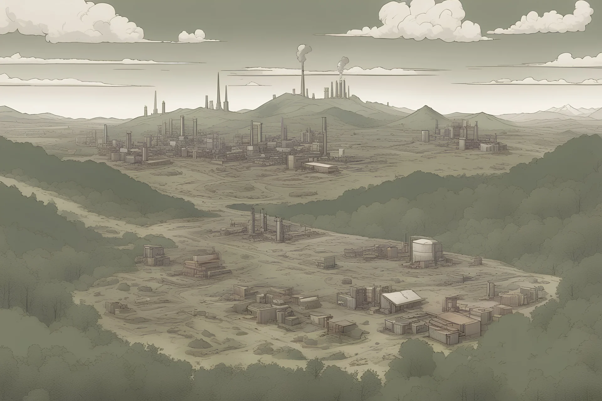 a map, top view of a forest, a hill, mountain, with a factory and a city in the background, comic book, post -apocalypse, gray