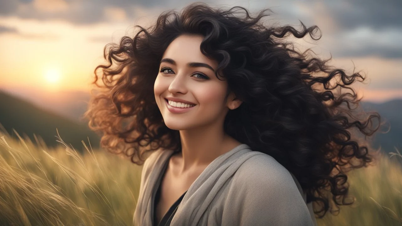 Hyper Realistic Close-up-Photographic-View of Beautiful Curly-Black-Haired-Pashto Girl Smiling & whirling on mountain top with tall grass & cold-breeze along with a tree & cloudy-sunset behind showing dramatic & cinematic ambiance