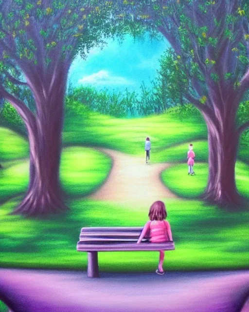 park mystical dream, park bench, man, woman, child, dog, trees, path, bird, sunshine, mystical, fantasy, romanticism, pastel colors, daylight, daytime, acrylic painting, detailed,