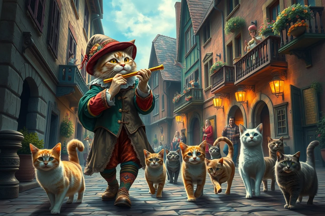 create "The Cat Pied Piper of Hamelin, whimsical and colorful Renaissance attire, playing a golden flute, leading playful and mischievous cats through vibrant, cobbled Renaissance streets, people on balconies laughing and pointing, surreal lighting, dreamlike vibe, highly detailed, vivid colors, painterly style, 8K, magical realism meets historical fiction --v 7 --ar 4:3 --style raw --q 2"