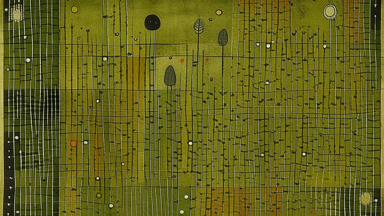 An olive green field with stinky flies designed in Navajo woven art painted by Paul Klee