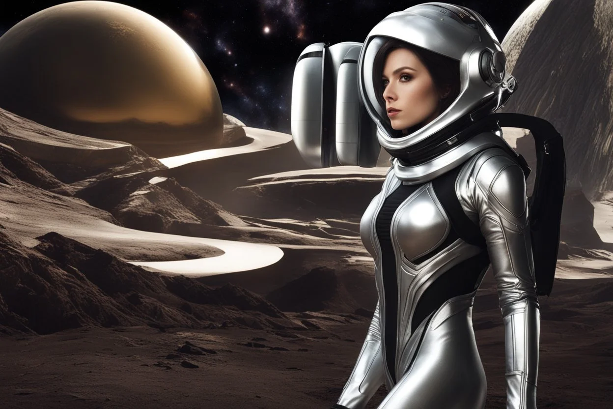 photo of a Sci-fi woman, wearing a silver and black spacesuit looking like an android, no helmet, on an alien planet