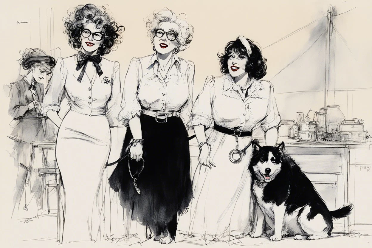 high res photo by Ralph Steadman: Nancy, her collar and leash around her delicious neck... her sister, the wild Sally, in blouse, panting... and Sam, the working girl, her dress on her waist