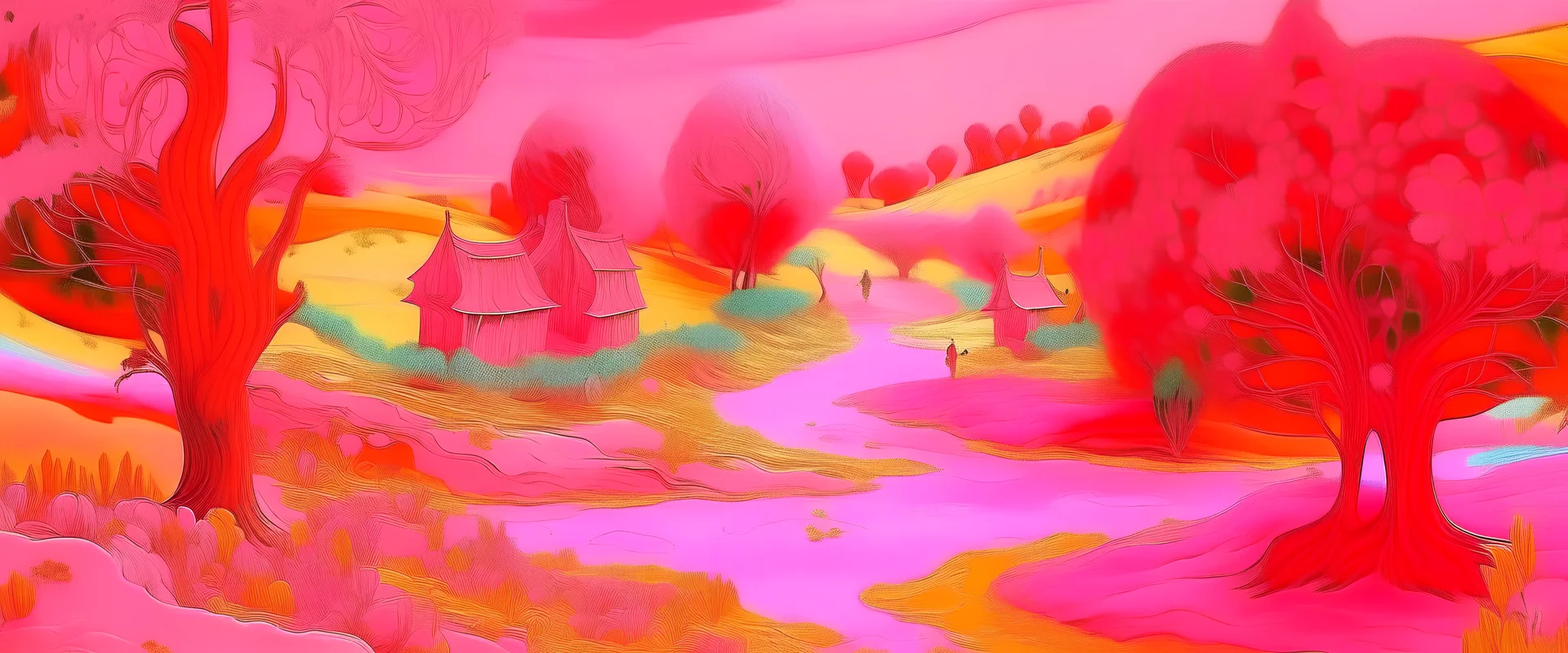 A pink magical realm painted by Vincent van Gogh