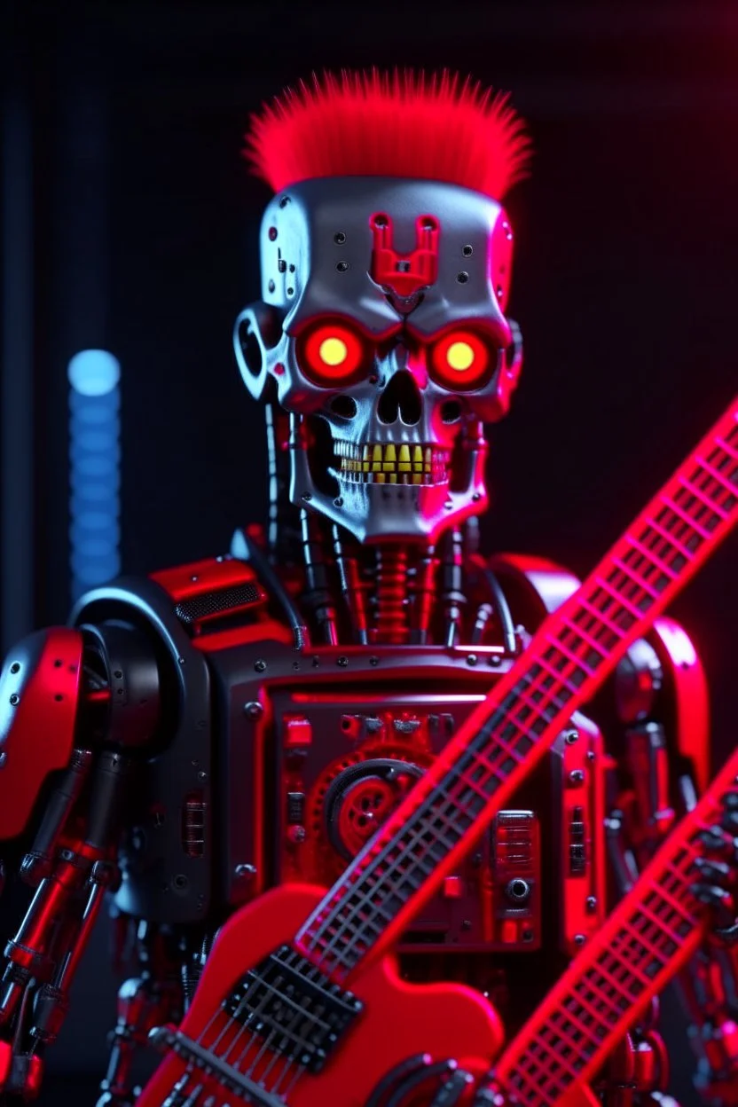 4K realistic A robot terminator with a red punk crest playing bass