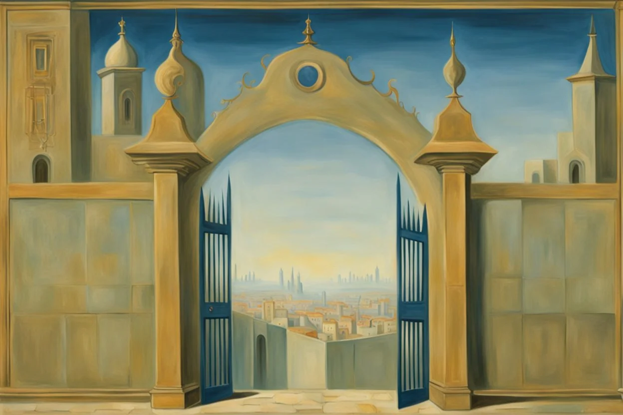 an open gothic gate in a blue-tiled wall with a view of an old city by artist "Rene Magritte",by artist "Leonora Carrington"