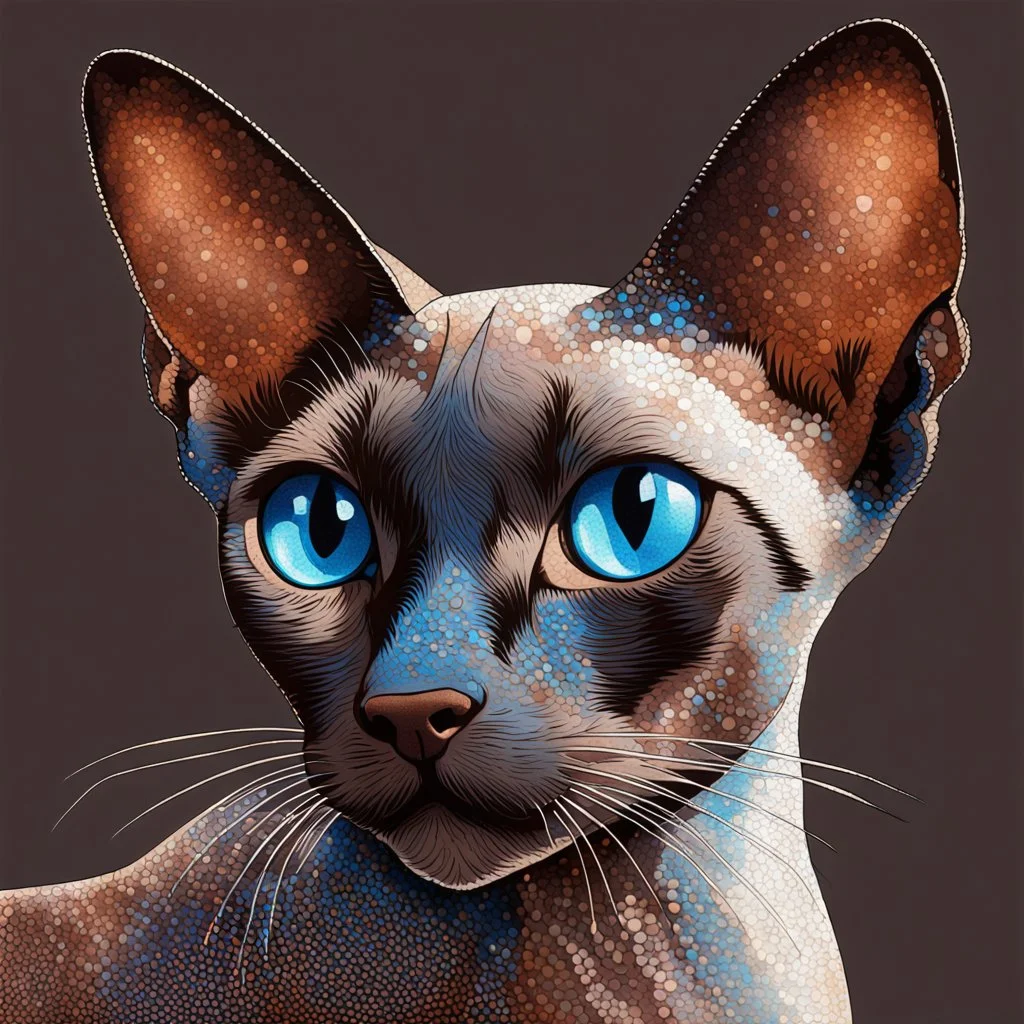 beautiful blue eyed, tall ,long legged, slender, elegant, sophisticated, sphynx-like chocolate point siamese cat expressionism pointillism style