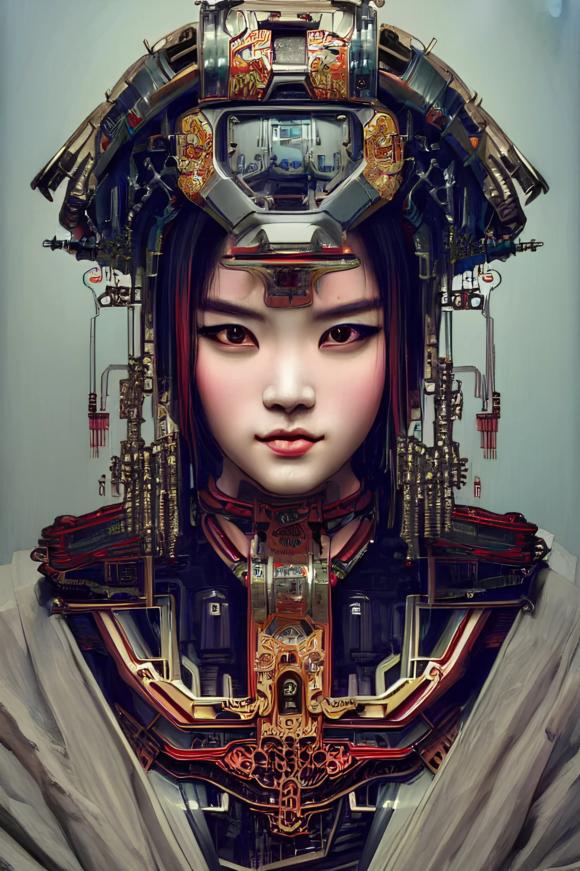 portrait of a cyberpunk machine, machine face, upper half portrait, decorated with chinese opera motifs, asian, fine china, wuxia, traditional chinese art, intricate, elegant, highly detailed, symmetry, headpiece, digital painting, artstation concept art smooth sharp focus, illustration, art by artgerm and greg rutkowski alphonse mucha 8k