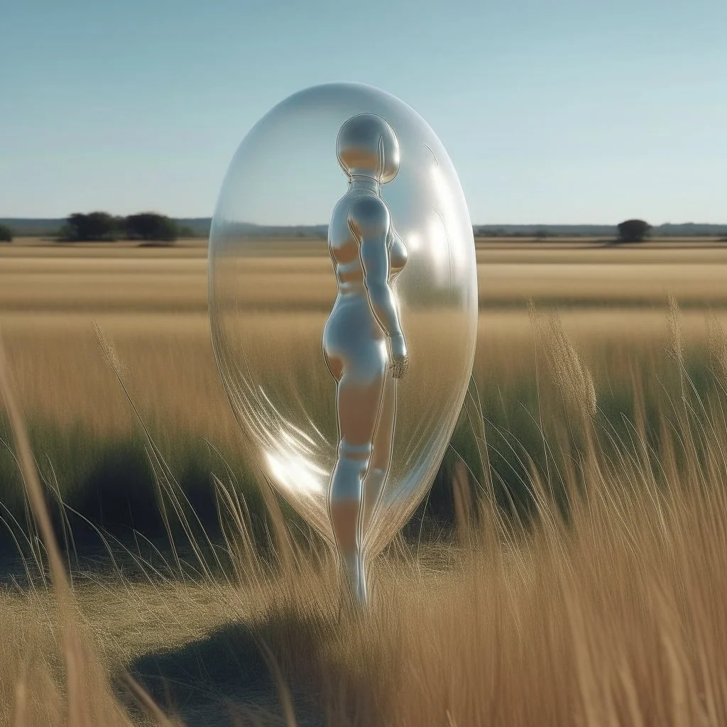 A photo of a transparent balloon shaped as a woman, in the middle of a prarie.