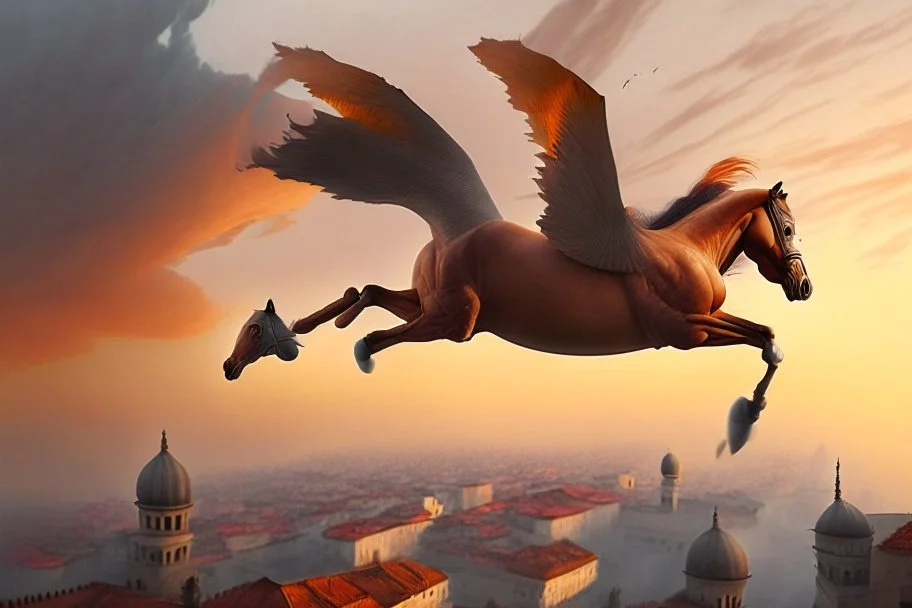 Ultra realistic vibrant antrophpmorphic half-human, half-horse creature (Centaur) flying after a dynamic jump in the sky before a Bird's-eye view of Istanbul at sunset, with Hagia Sofia visible, in the twilight, and fog and mist rolling in between the houses. Pastel brown and orange colors, sepia very attractive fantastic view