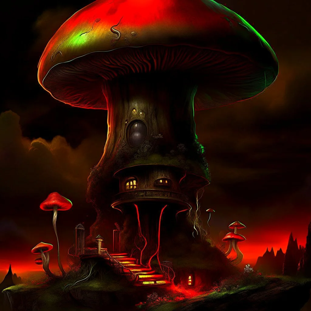 A fantabulous black, orange, and green (((mushroom tower house))) erected atop a (geologic pillar), surrounded by the uncanny imaginative ((( swirling skies))), offset by the stark hues of a (neon-tinged nebulous space scape), within. captured by the hand a skilled master painter with a focus on (softly blurred compositions and voluminous lighting).