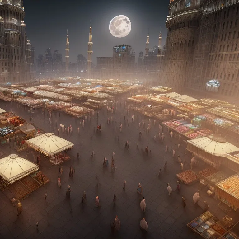 middle east city with mosque and people walking through the market , night , cloud in the sky , full moon , high resolution, super realistic, unreal engine, cinematic lighting,