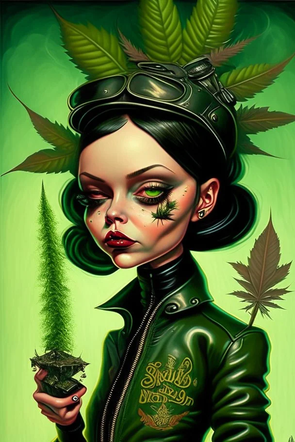 A girl in leather with weed is better; lowbrow art; pop surrealism