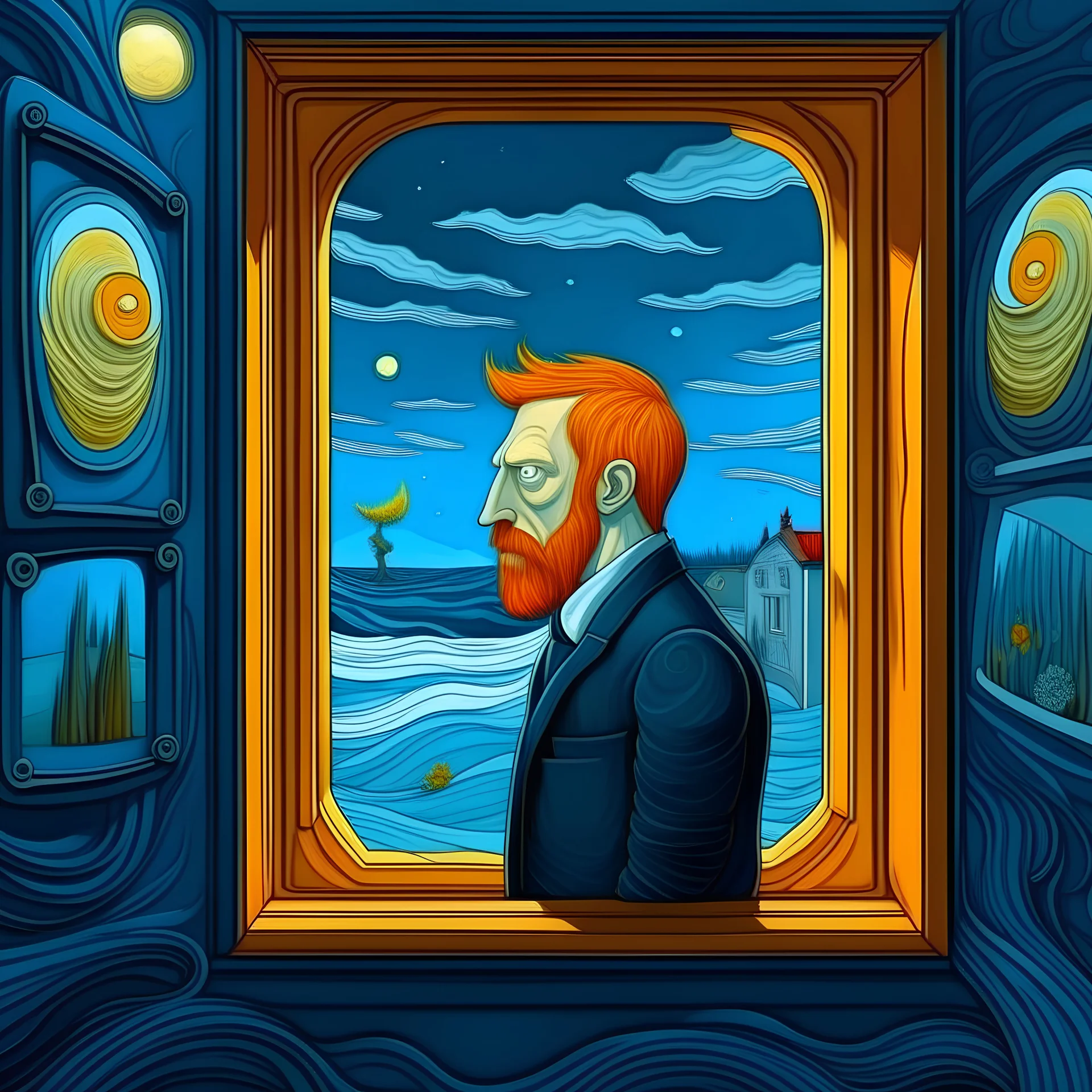 cartoon artificial intelligence paying respect to Van Gogh through a window in 3 dimensions with an open sea and red hair neo gothiccartoon artificial intelligence paying respect to Van Gogh through a window in 3 dimensions with an open sea and red hair neo gothic